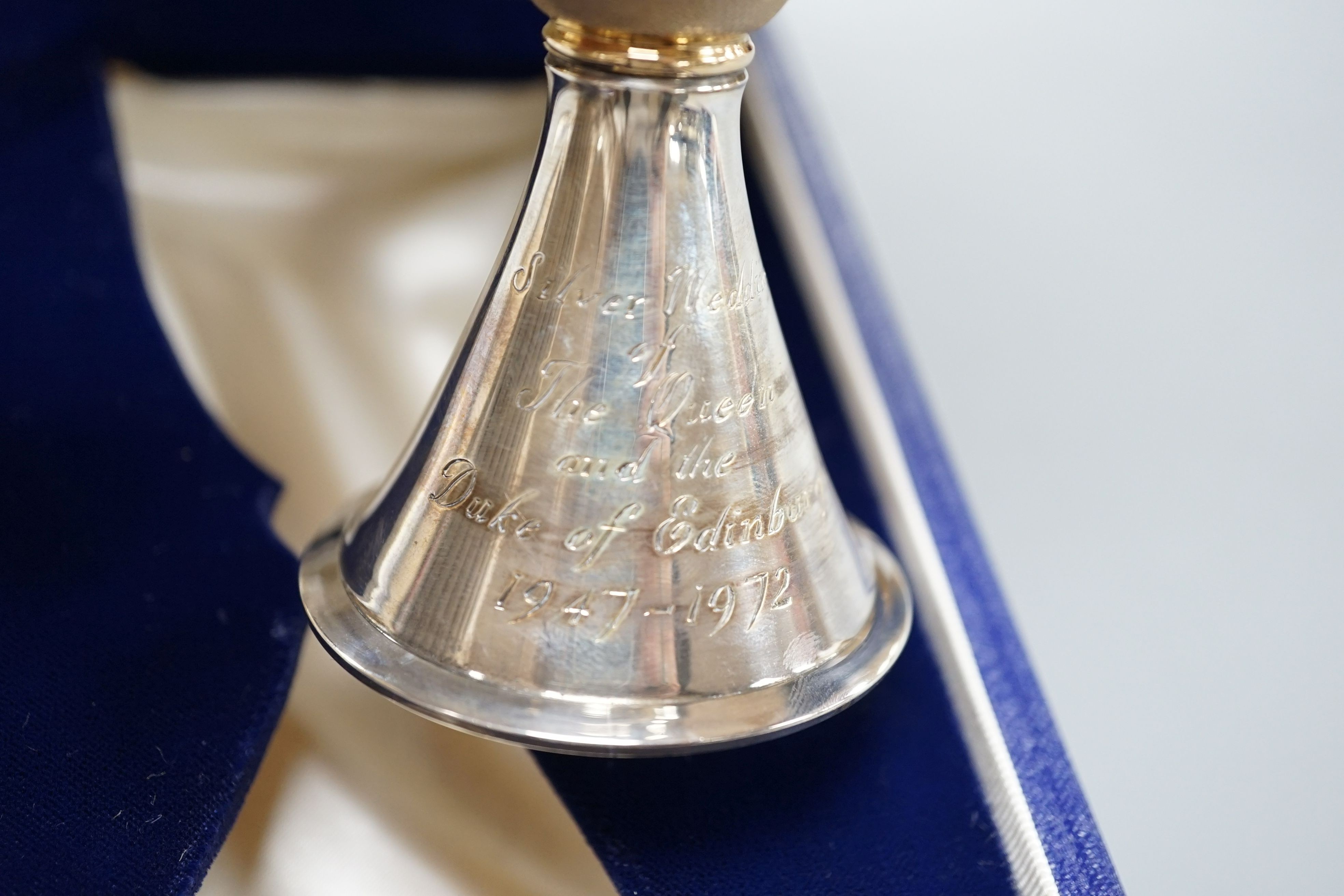 A cased Mappin and Webb parcel gilt silver limited edition QEII Silver Wedding Anniversary goblet, numbered 359/1000, London, 1972, 15.5cm, 7oz.